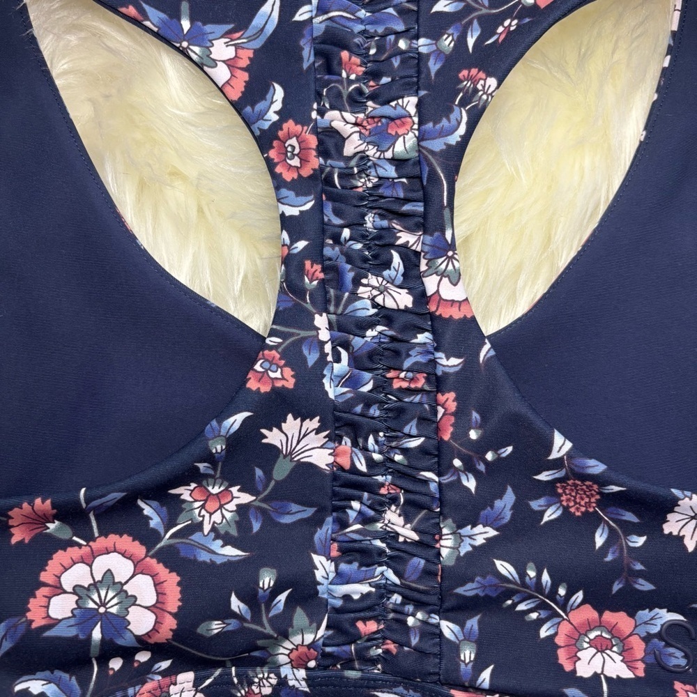 Soul by SoulCycle Ruched Blue and Pink Racerback Sports Bra with Floral Print - Picture 4 of 7